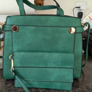 Luxurious Green Faux Leather Satchel & Wristlet with Gold Accents.